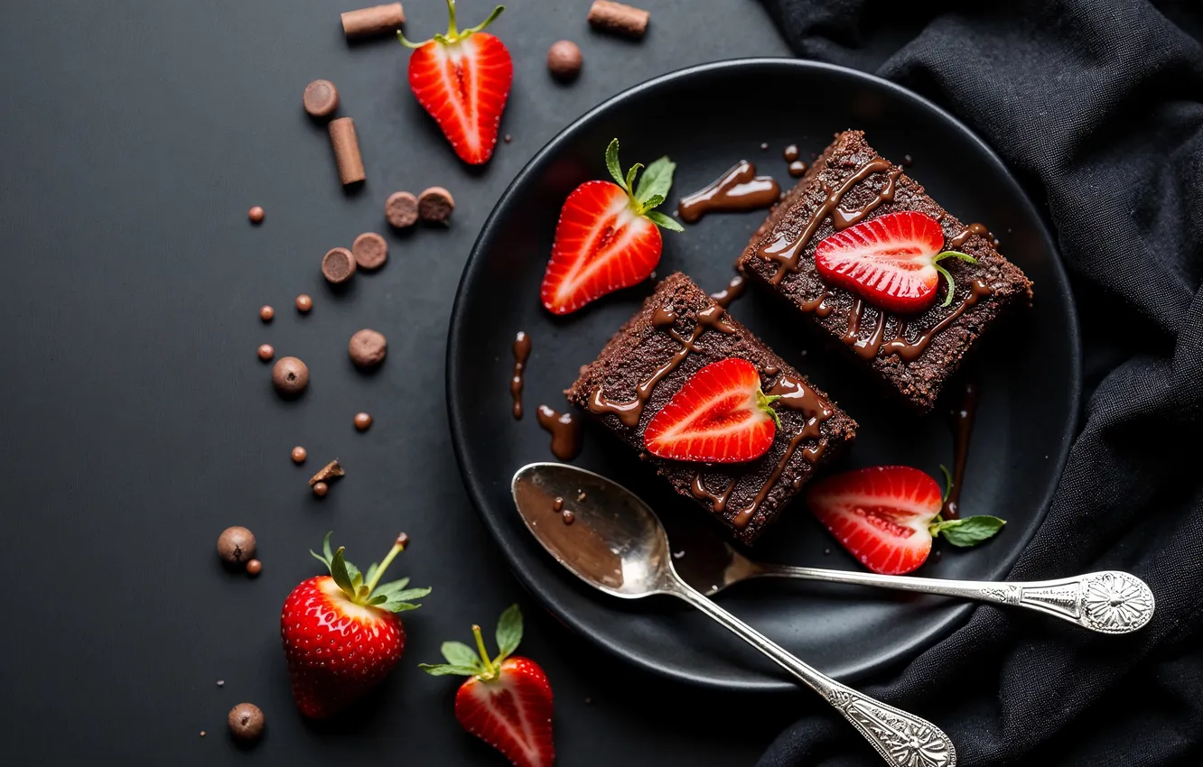Photo wallpaper strawberry, plate, spoon, dessert