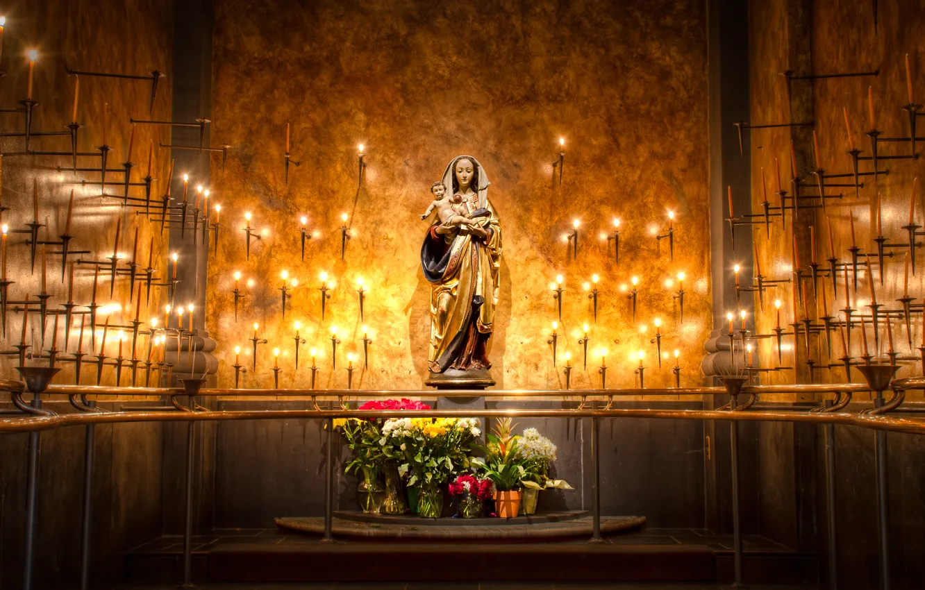 Photo wallpaper flowers, candles, statue, The Virgin Mary