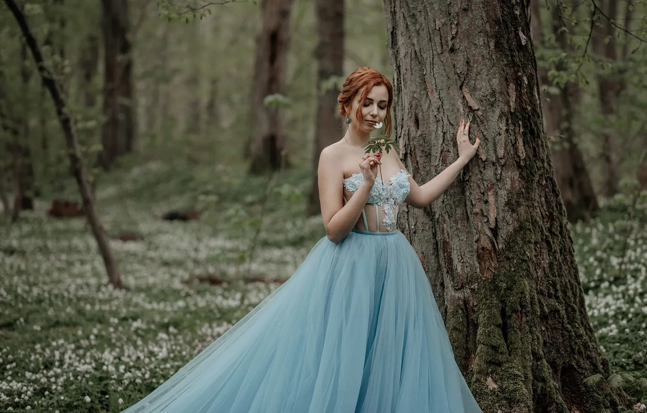 Photo wallpaper flowers, Mila Agafonova, girl, forest, spring, dress, glade