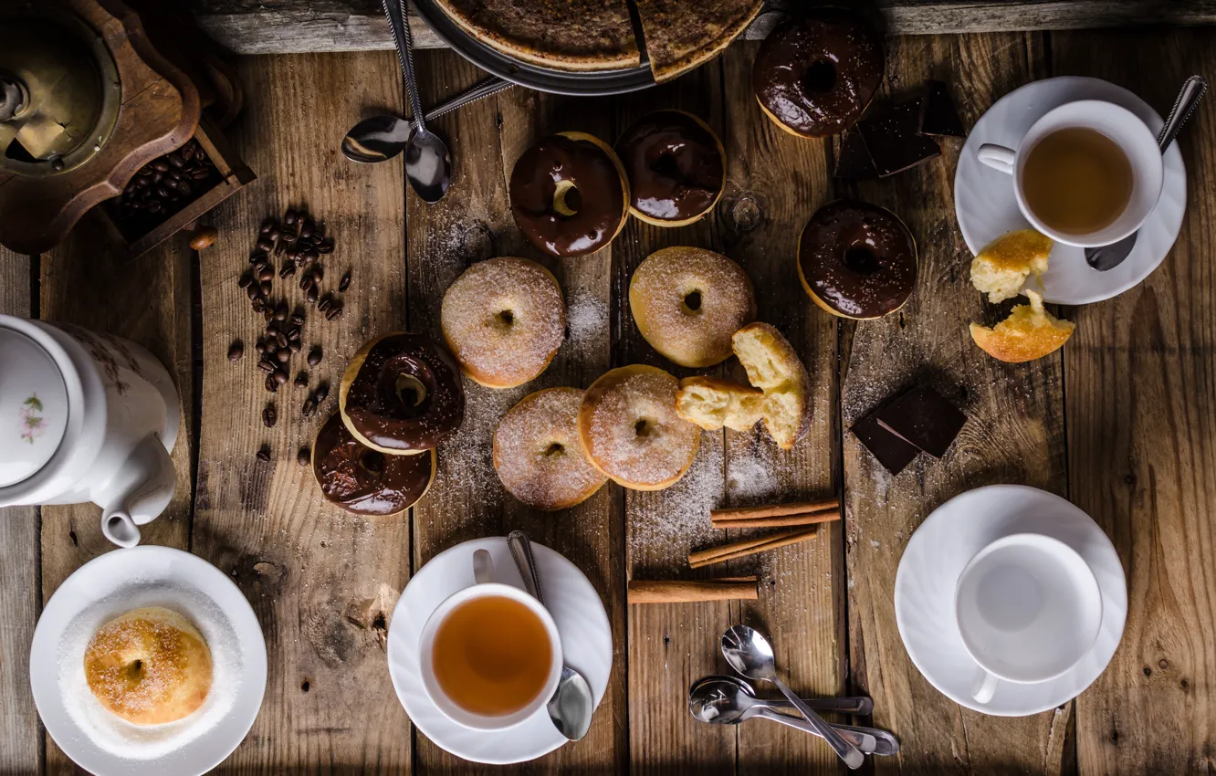 Photo wallpaper tea, food, chocolate, pie, donuts, cinnamon, coffee beans, cakes