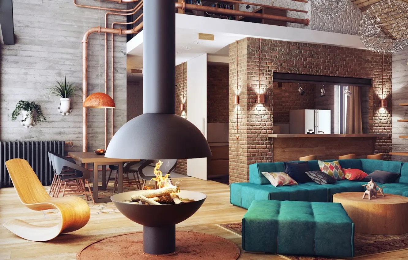 Photo wallpaper design, style, interior, kitchen, living room, dining room, loft, two levels