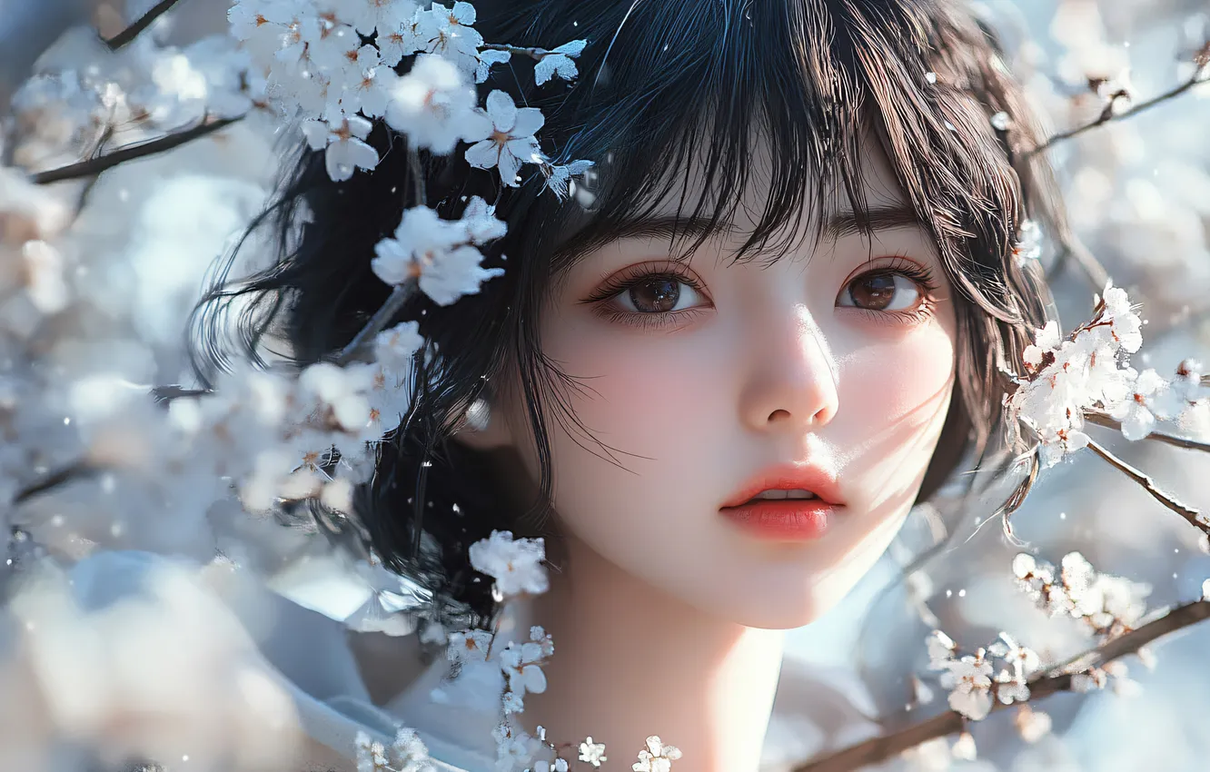 Photo wallpaper girl, light, flowers, face, portrait, spring, Asian, flowering