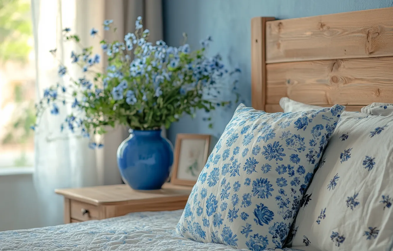 Photo wallpaper flowers, comfort, room, blue, furniture, bed, home, interior