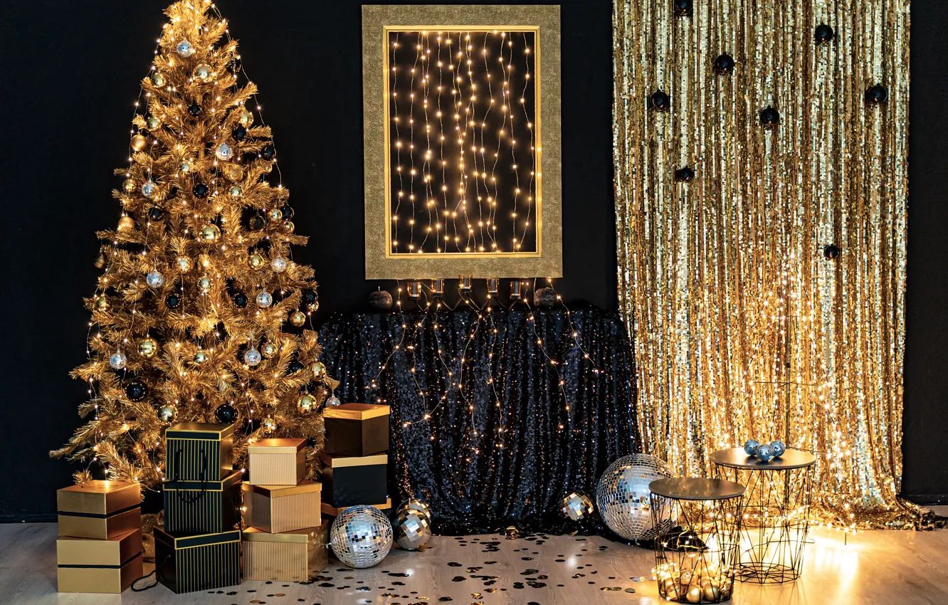 Photo wallpaper gold, holiday, tree, interior, gifts, New year, decoration, Aleksandr Zamuruev