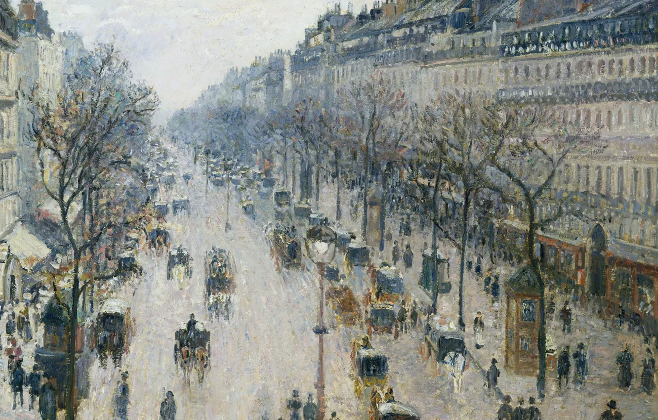 Photo wallpaper home, picture, morning, the urban landscape, The Boulevard Montmartre. Winter Morning, Camille Pissarro