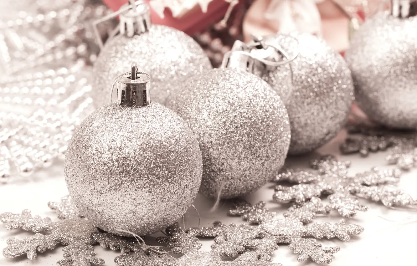 Photo wallpaper snowflakes, holiday, new year, silver, new year, silver, Christmas balls, silver