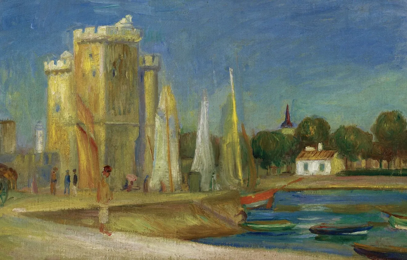 Photo wallpaper landscape, boat, tower, picture, sail, The Port Of La Rochelle, Pierre Auguste Renoir, Pierre Auguste …
