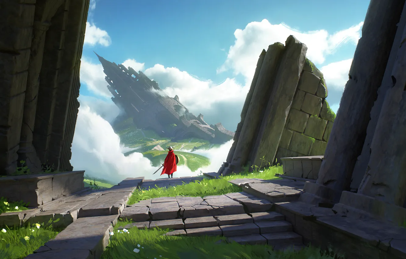 Photo wallpaper sword, grass, fantasy, clouds, ruins, artist, digital art, artwork