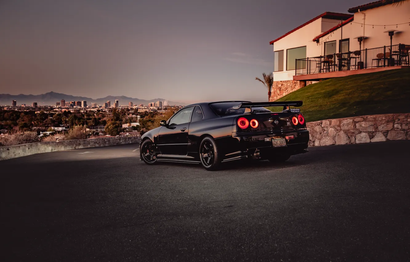 Photo wallpaper GT-R, Black, Skyline, Rear view, R34