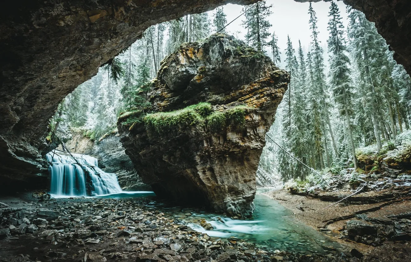 Photo wallpaper winter, frost, forest, snow, stones, rocks, shore, view