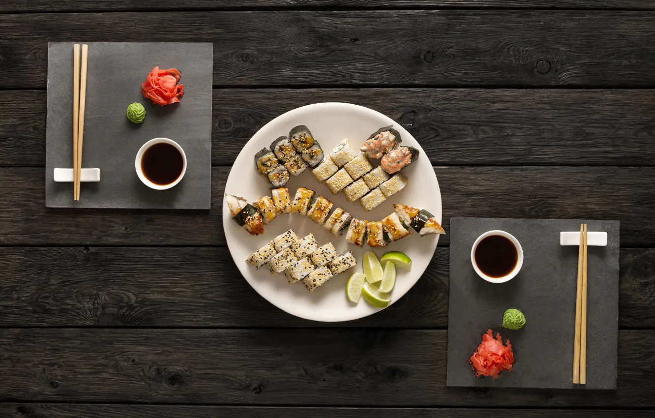 Photo wallpaper sticks, sauce, sushi, sushi, rolls, ginger, set, wasabi