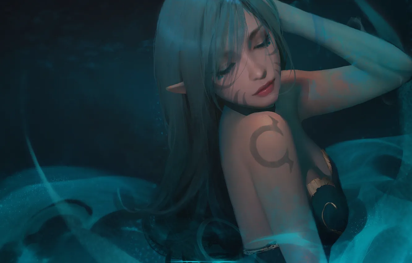 Photo wallpaper beauty, elf, gesture, closed eyes, Zed, Trung Bui, bare shoulders