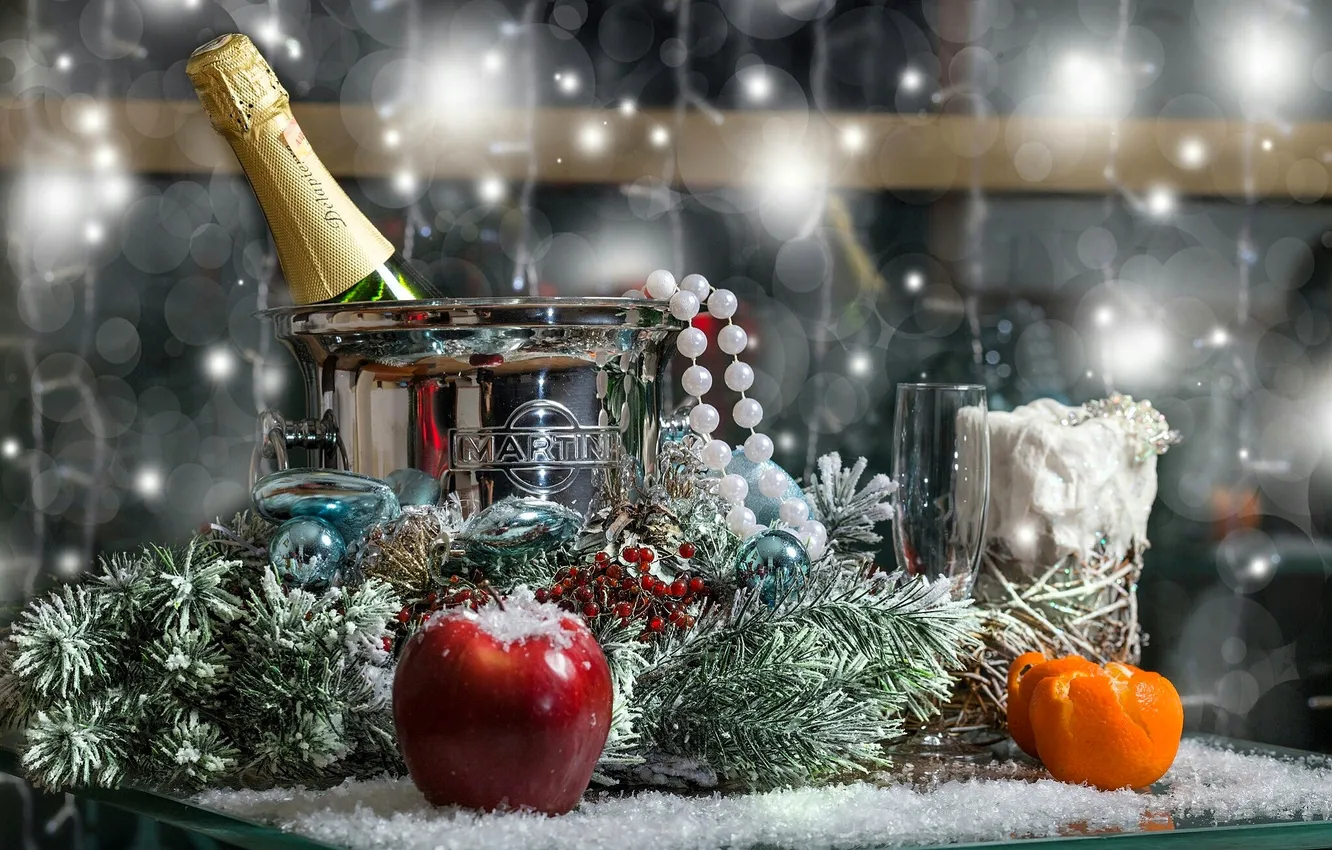 Photo wallpaper snow, branches, table, apples, bottle, window, bucket, beads