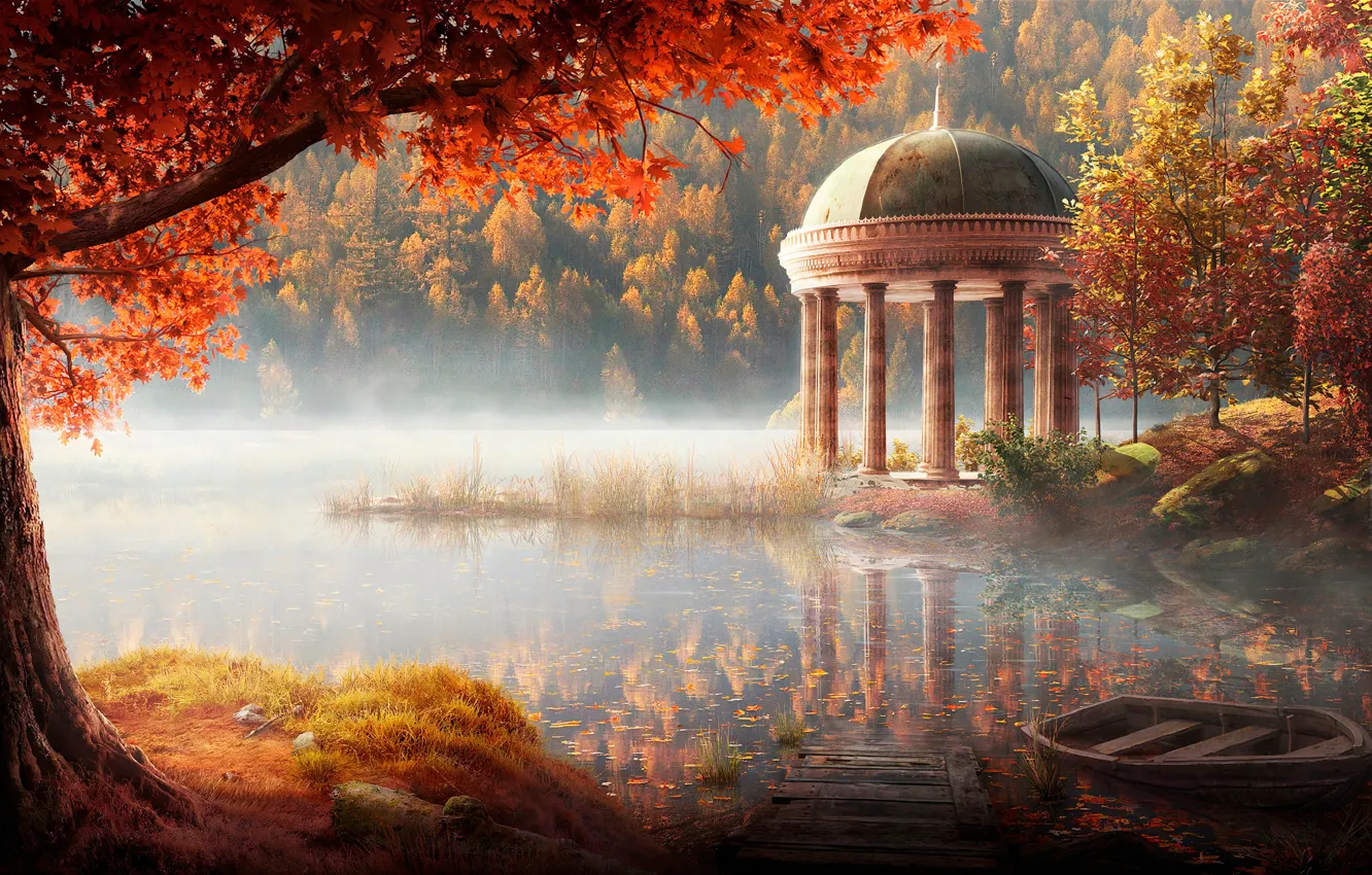 Photo wallpaper autumn, forest, light, trees, branches, fog, lake, pond