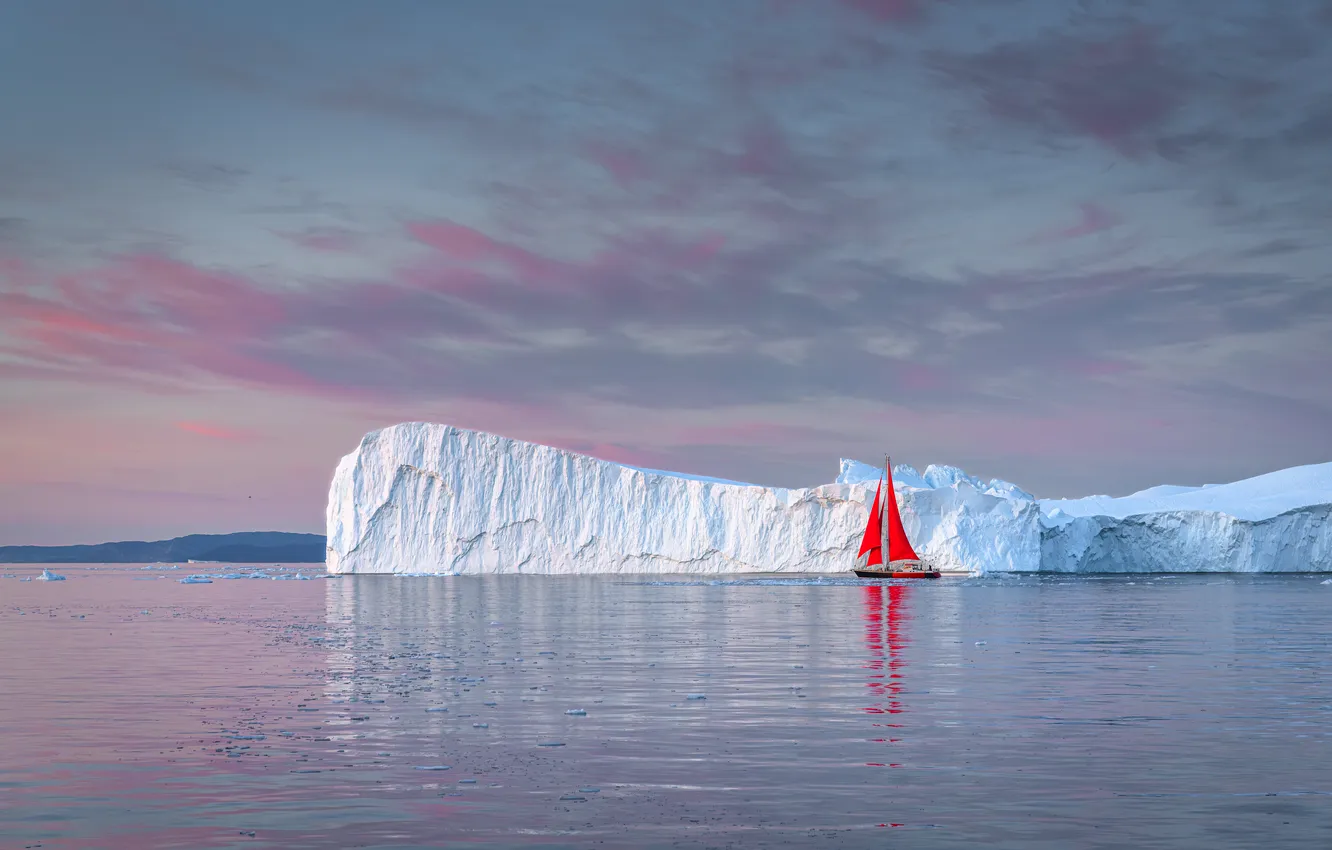 Photo wallpaper winter, sea, the sky, clouds, ship, sailboat, iceberg, The ship