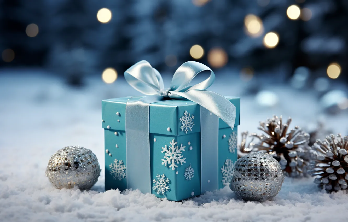 Photo wallpaper winter, snow, decoration, snowflakes, gift, balls, new year, Christmas