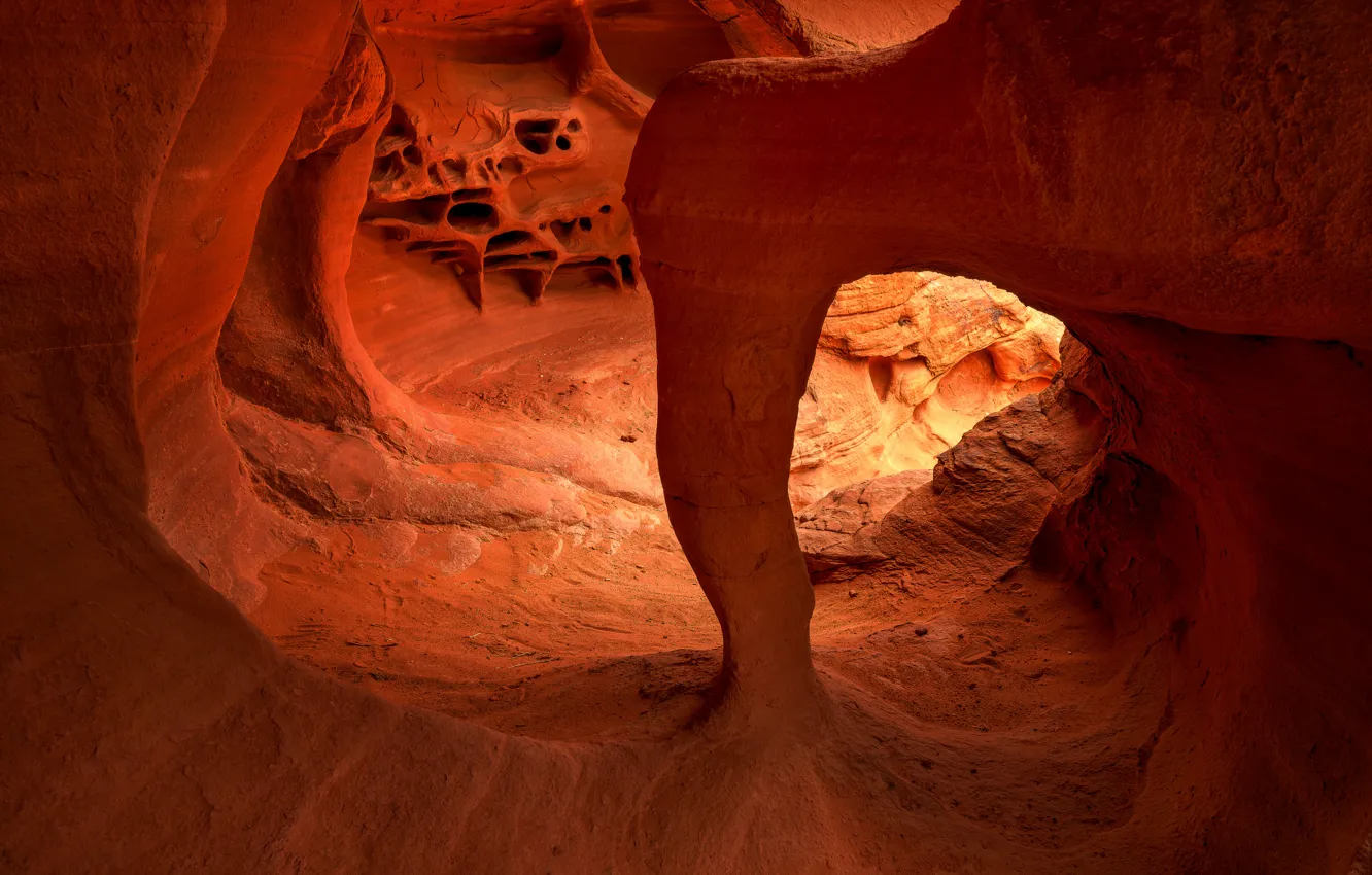 Photo wallpaper rocks, cave, Fire, Sunrise, Nevada, Valley, Desert, Muench