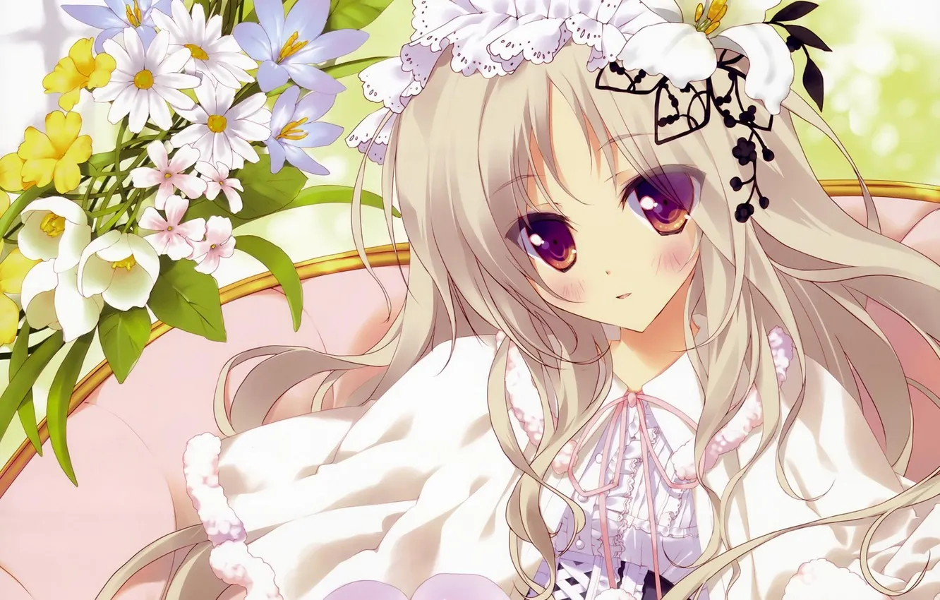 Photo wallpaper girl, flowers, mood, anime