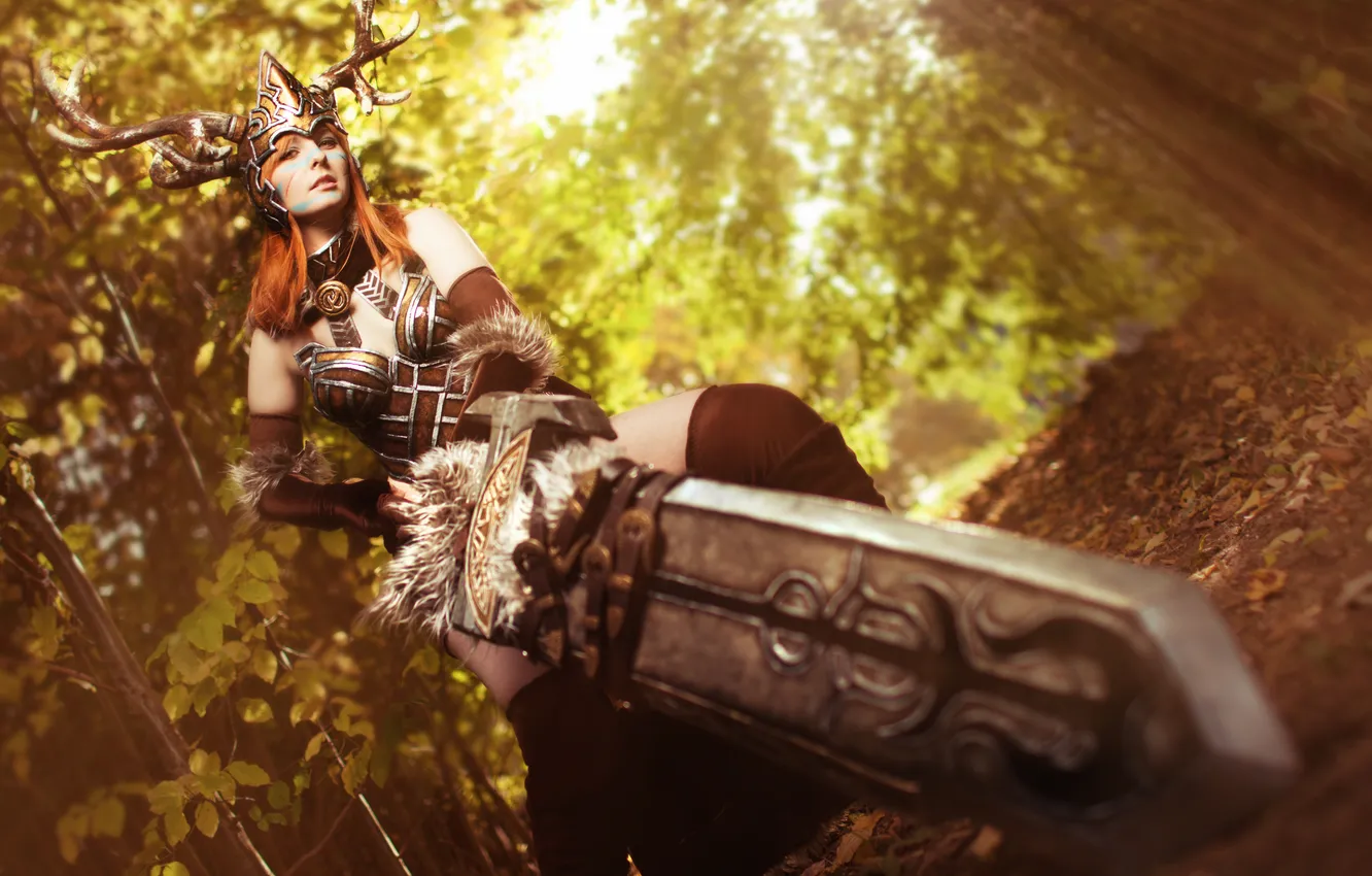 Photo wallpaper girl, fiction, sword, armor, helmet, armor, cosplay, warror