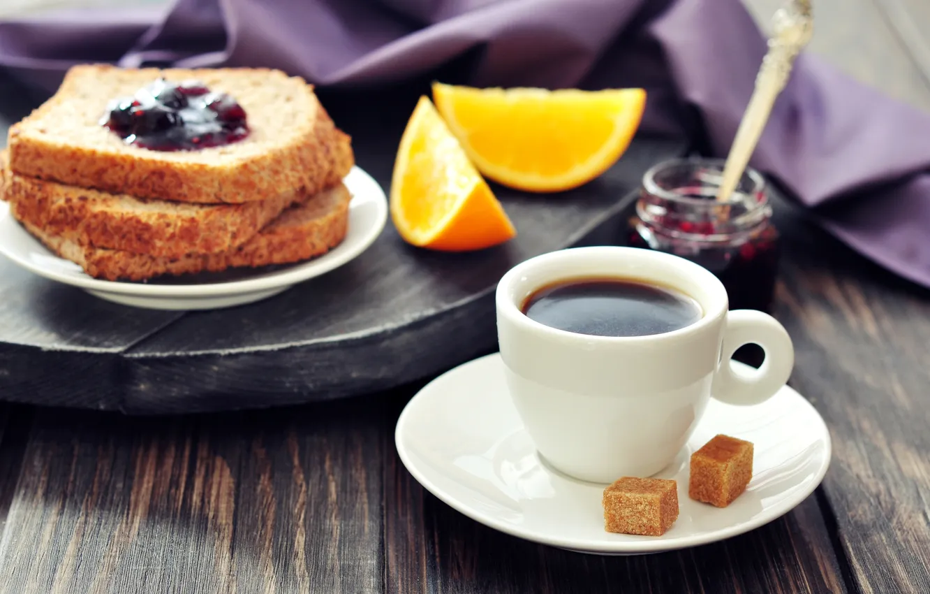 Photo wallpaper coffee, orange, food, Breakfast, bread, Cup, sugar, slices