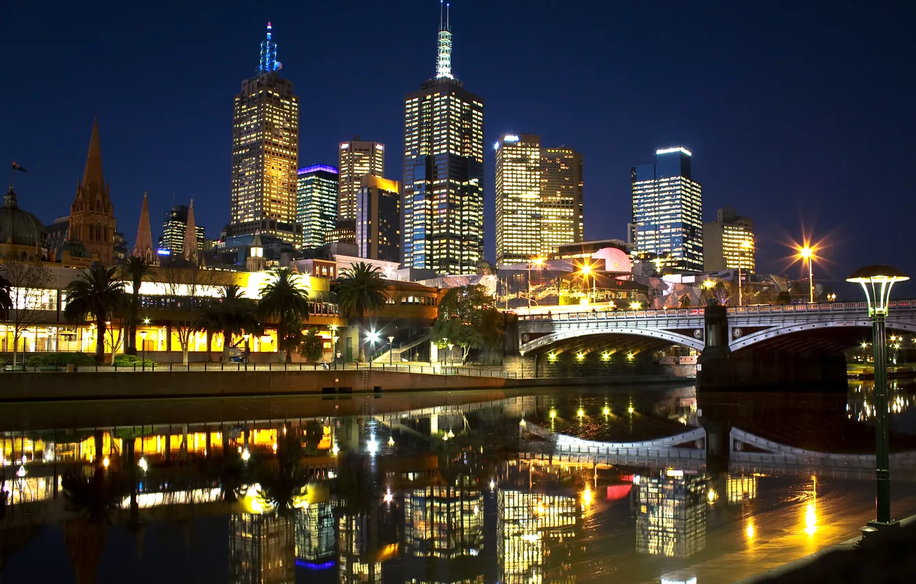 Photo wallpaper night, bridge, the city, lights, river, palm trees, skyscrapers, Melbourne