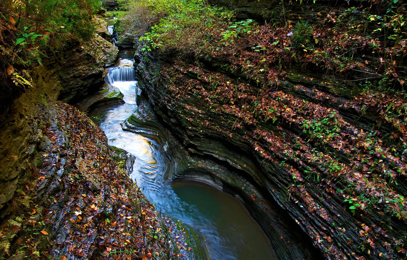 Photo wallpaper river, rocks, waterfall, stream, gorge