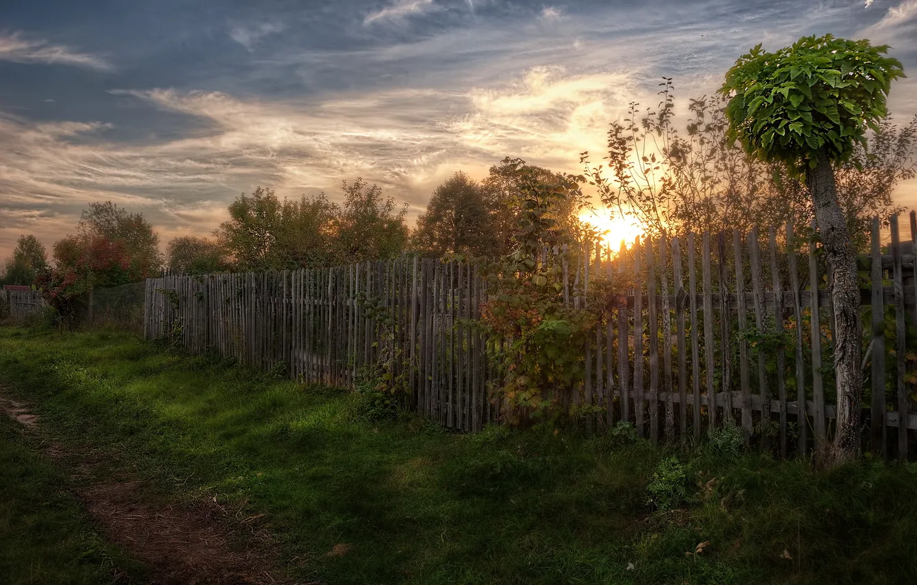 Photo wallpaper road, landscape, sunset, the fence