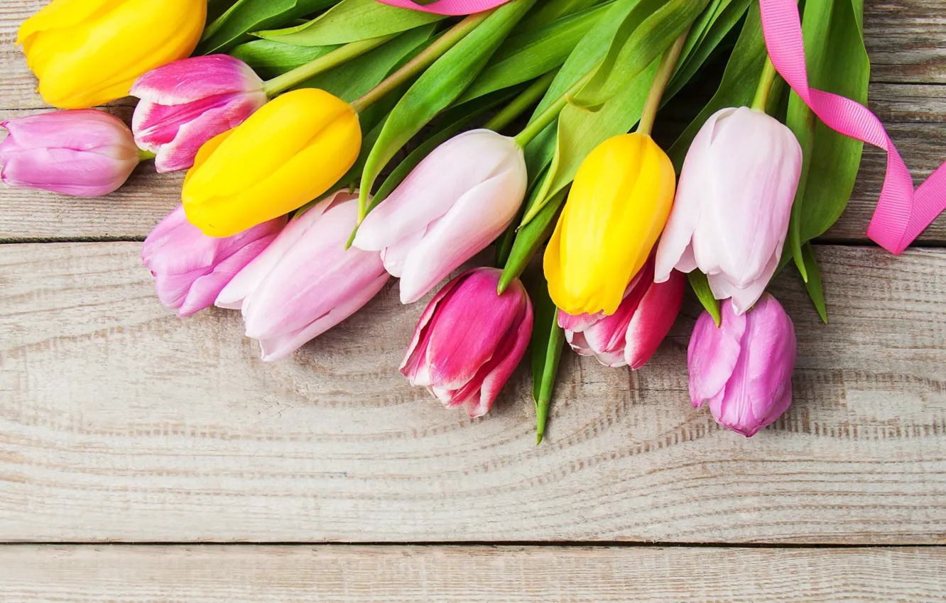 Photo wallpaper colorful, tulips, pink, yellow, wood, pink, flowers, tulips