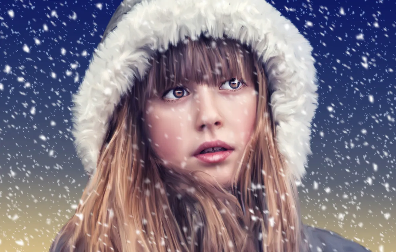 Photo wallpaper snow, face, portrait, hood, girl