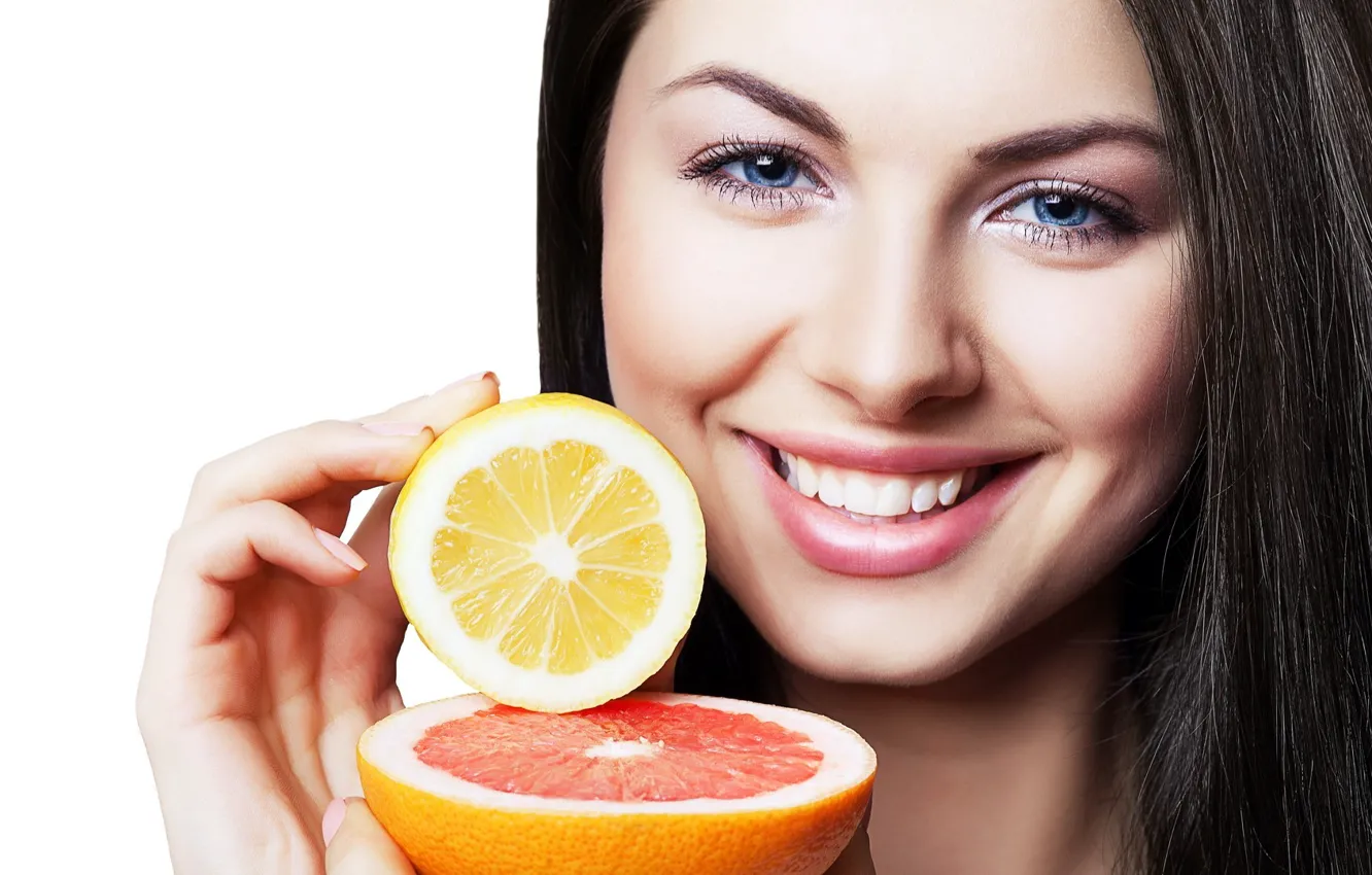 Photo wallpaper girl, smile, lemon, fruit, grapefruit