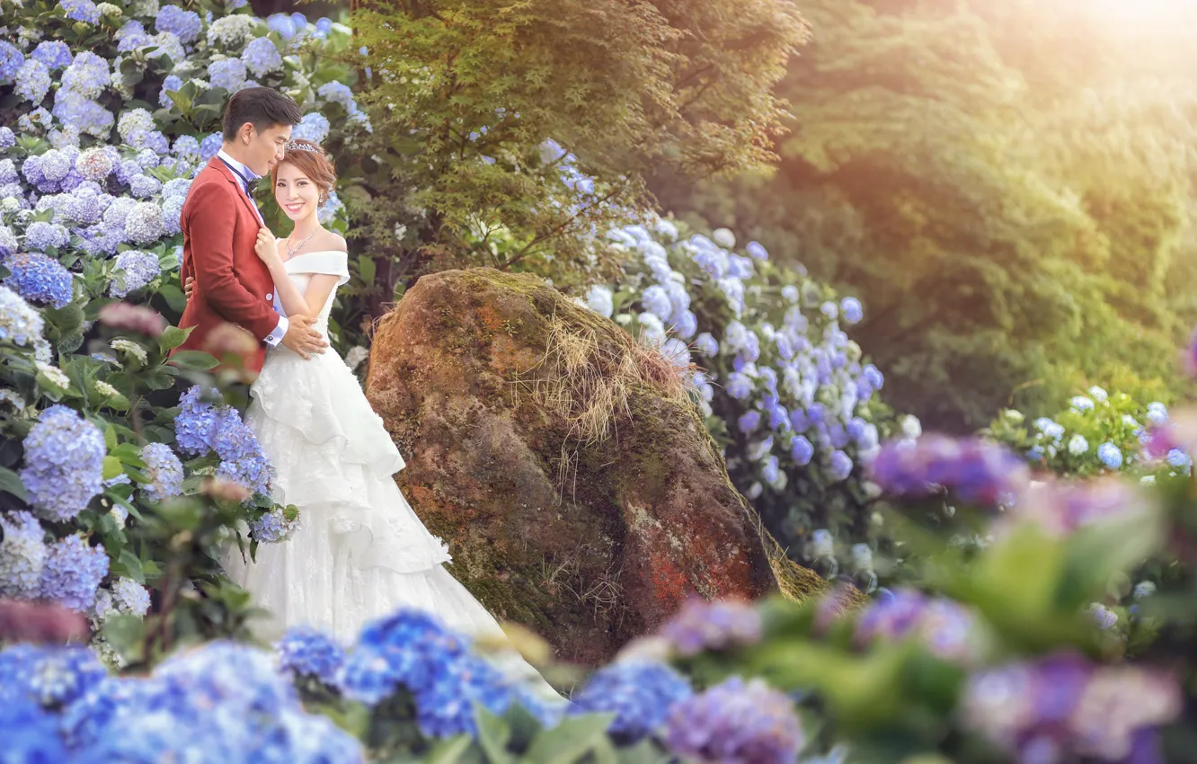 Photo wallpaper girl, love, flowers, pair, guy