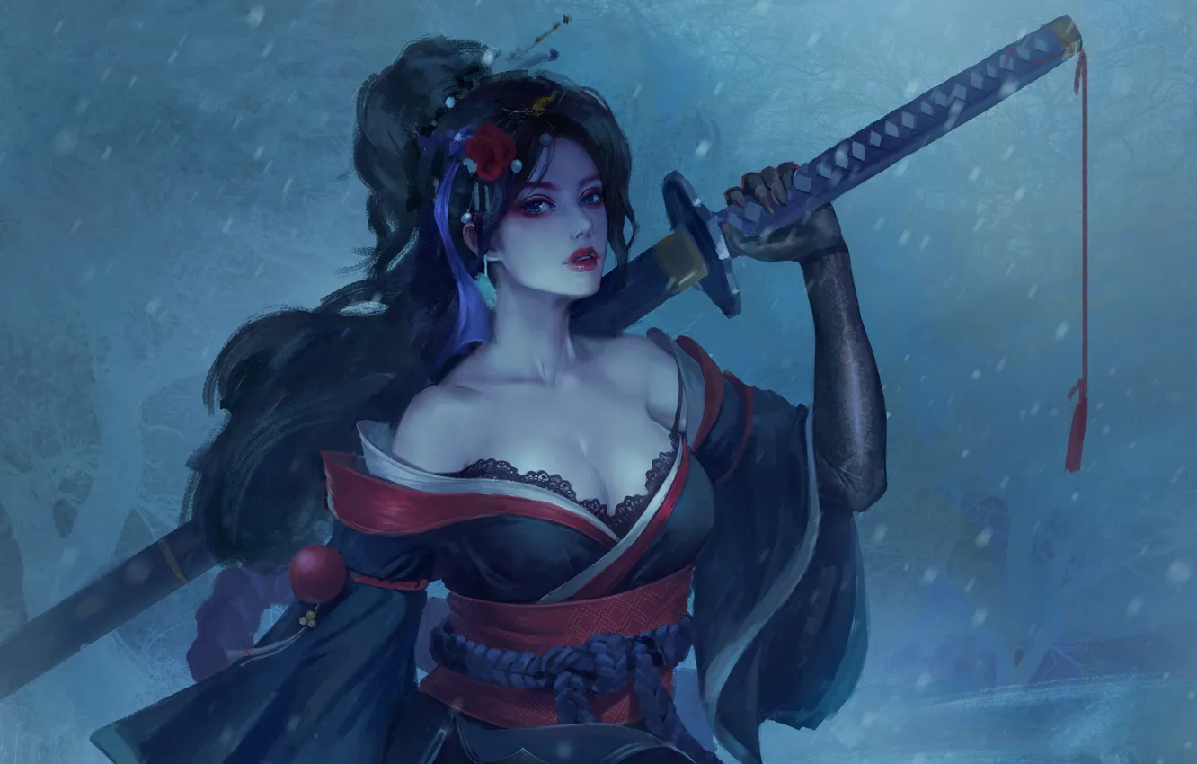 Photo wallpaper cold, flower, look, girl, snow, weapons, fantasy, art