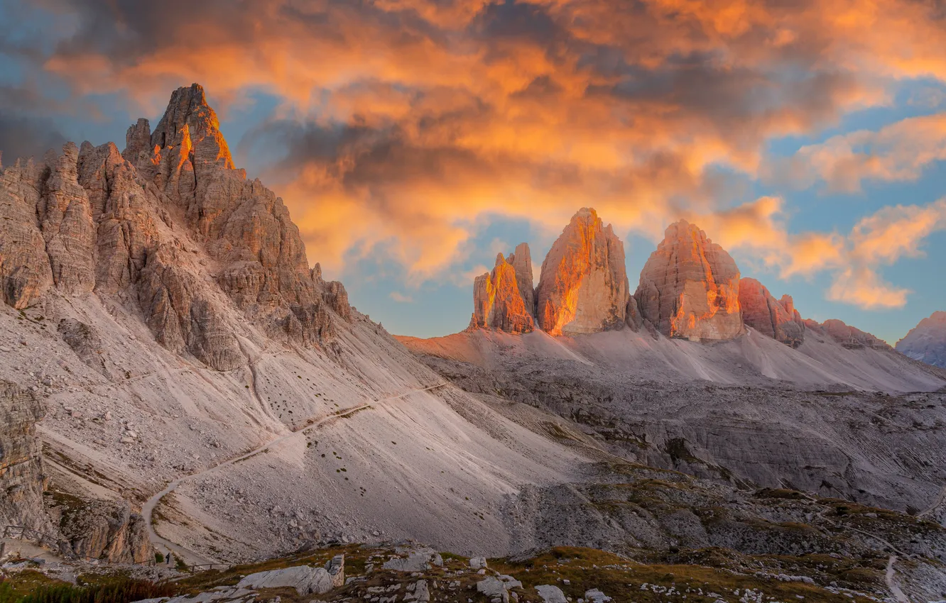 Photo wallpaper clouds, mountains, tops, slope, The Dolomites