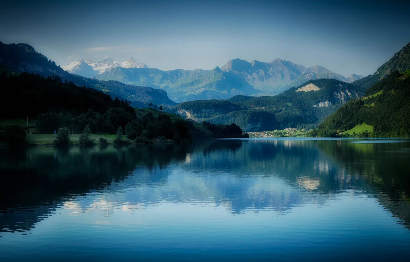 Photo wallpaper forest, mountains, lake