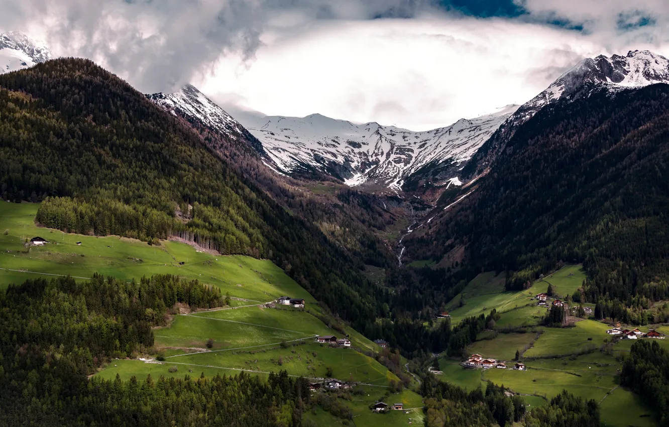 Photo wallpaper forest, clouds, landscape, mountains, river, valley