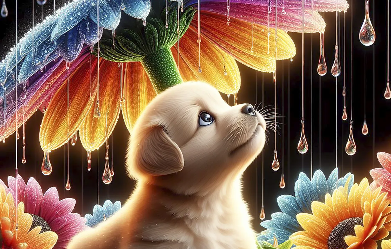 Photo wallpaper drops, flowers, the dark background, umbrella, rain, dog, rainbow, petals