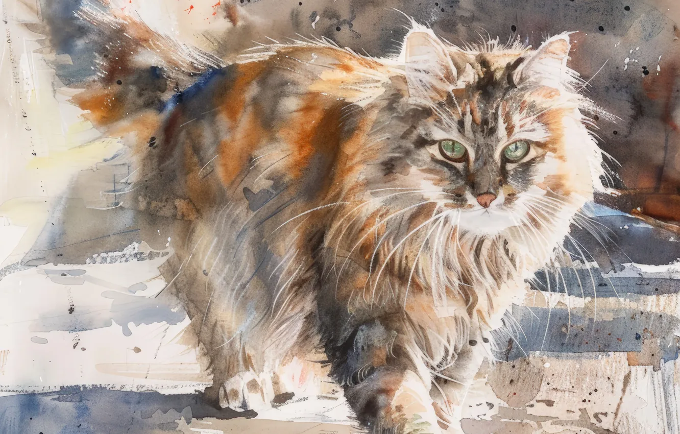 Photo wallpaper cat, cat, look, art, digital art, imitation painting, AI art, The Art of Artificial Intelligence