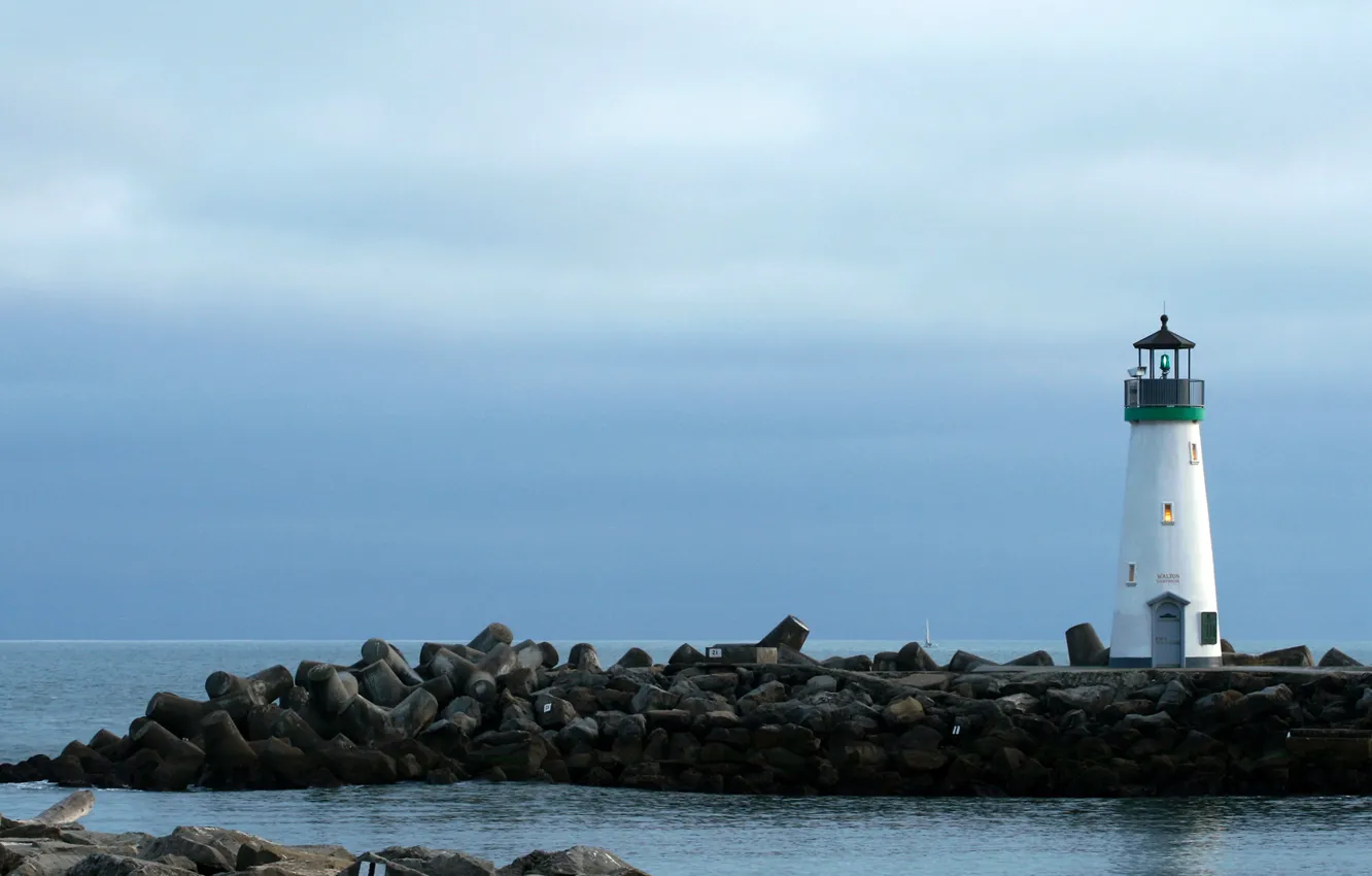 Photo wallpaper sea, stones, shore, boat, lighthouse, sea, coast, rocks