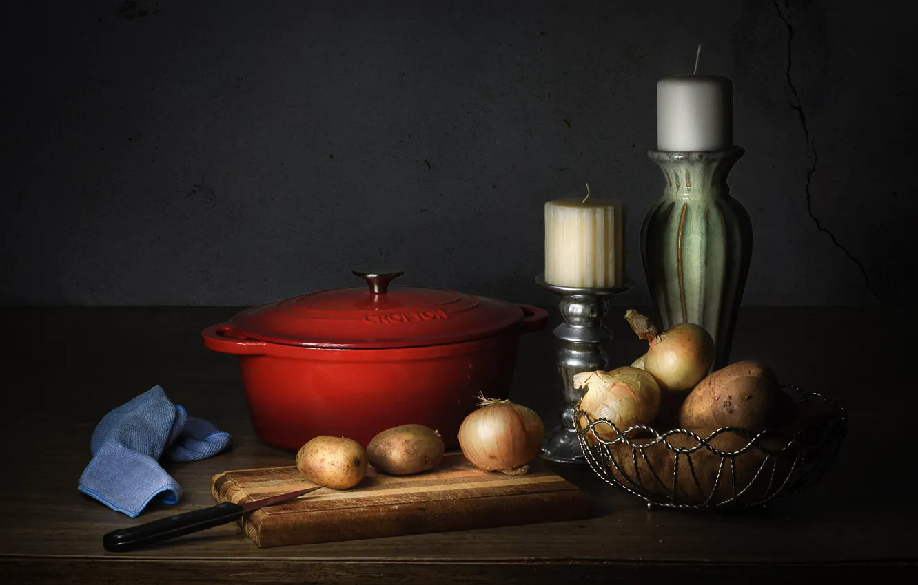 Photo wallpaper table, candles, bow, knife, pan, still life, items, candle holder