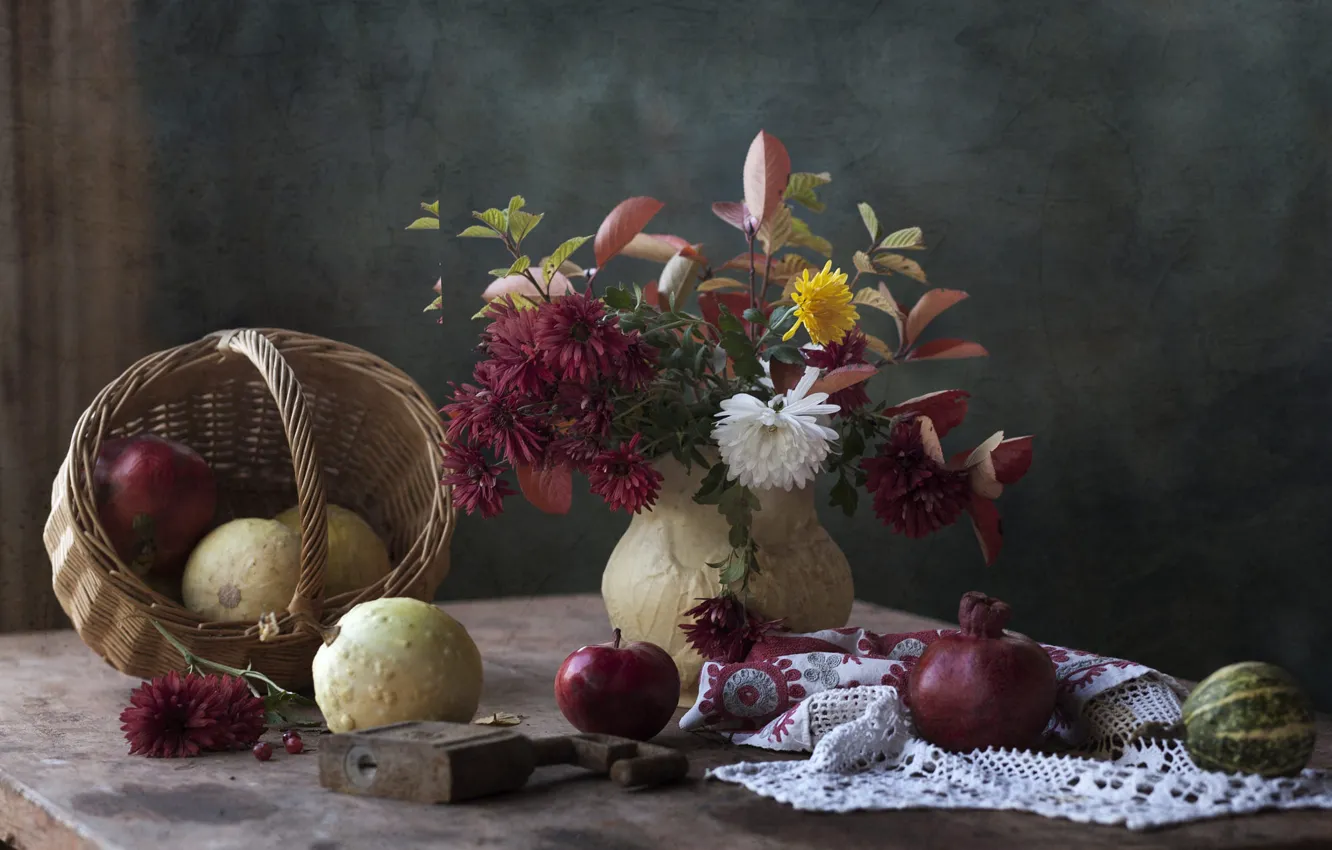 Photo wallpaper flowers, red, table, castle, apples, towel, bouquet, pitcher