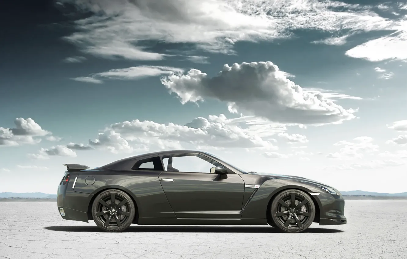Photo wallpaper sand, clouds, tuning, Nissan, GT-R, Nissan