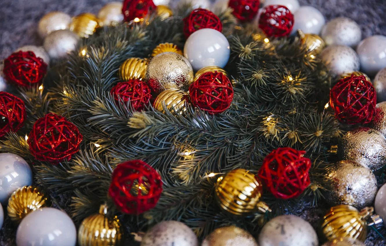 Photo wallpaper balls, branches, red, Shine, new year, lights, Christmas, gold
