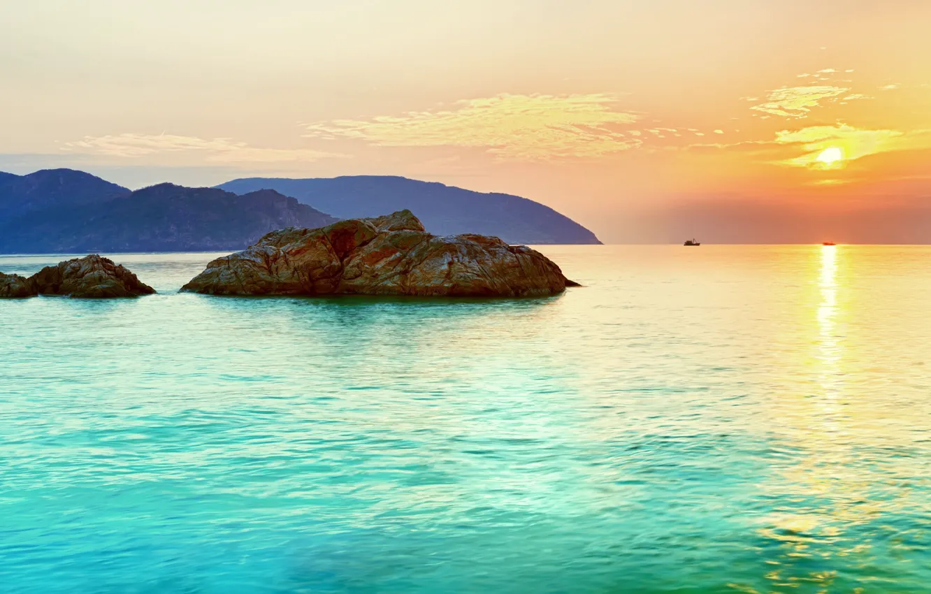 Photo wallpaper sea, the sky, water, the sun, landscape, sunset, rock, island
