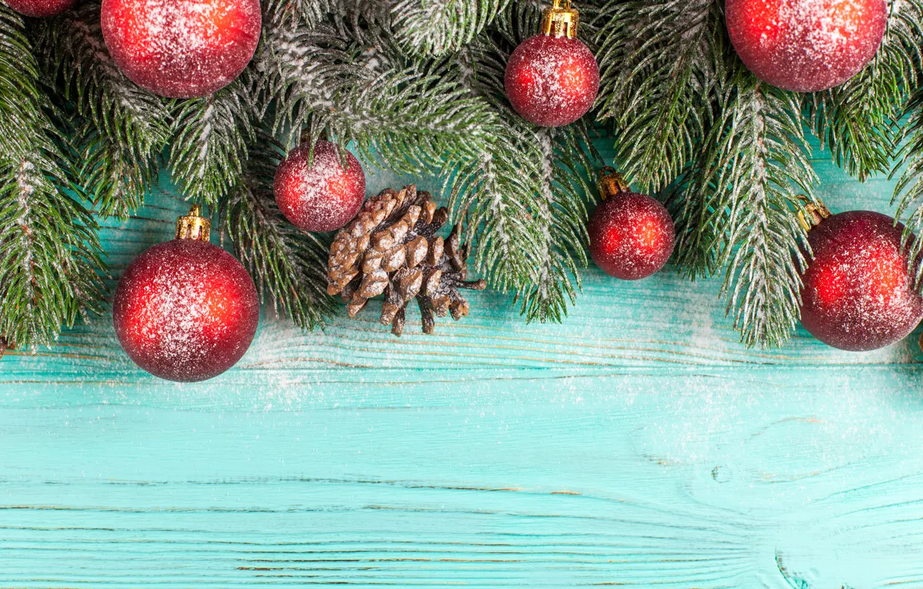 Photo wallpaper decoration, merry, fir tree, decoration, balls, new year, fir-tree branches, wood