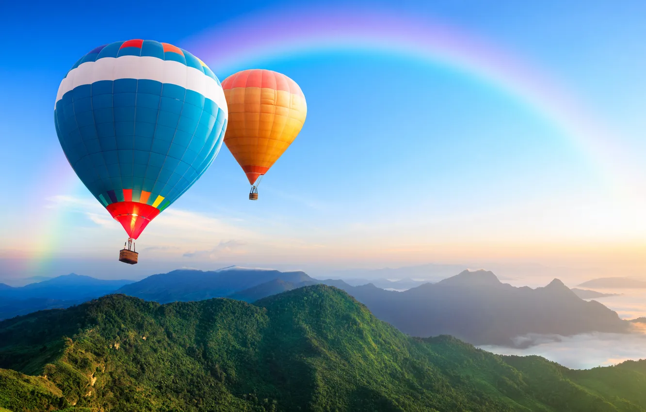 Photo wallpaper balloons, hills, view, height, rainbow