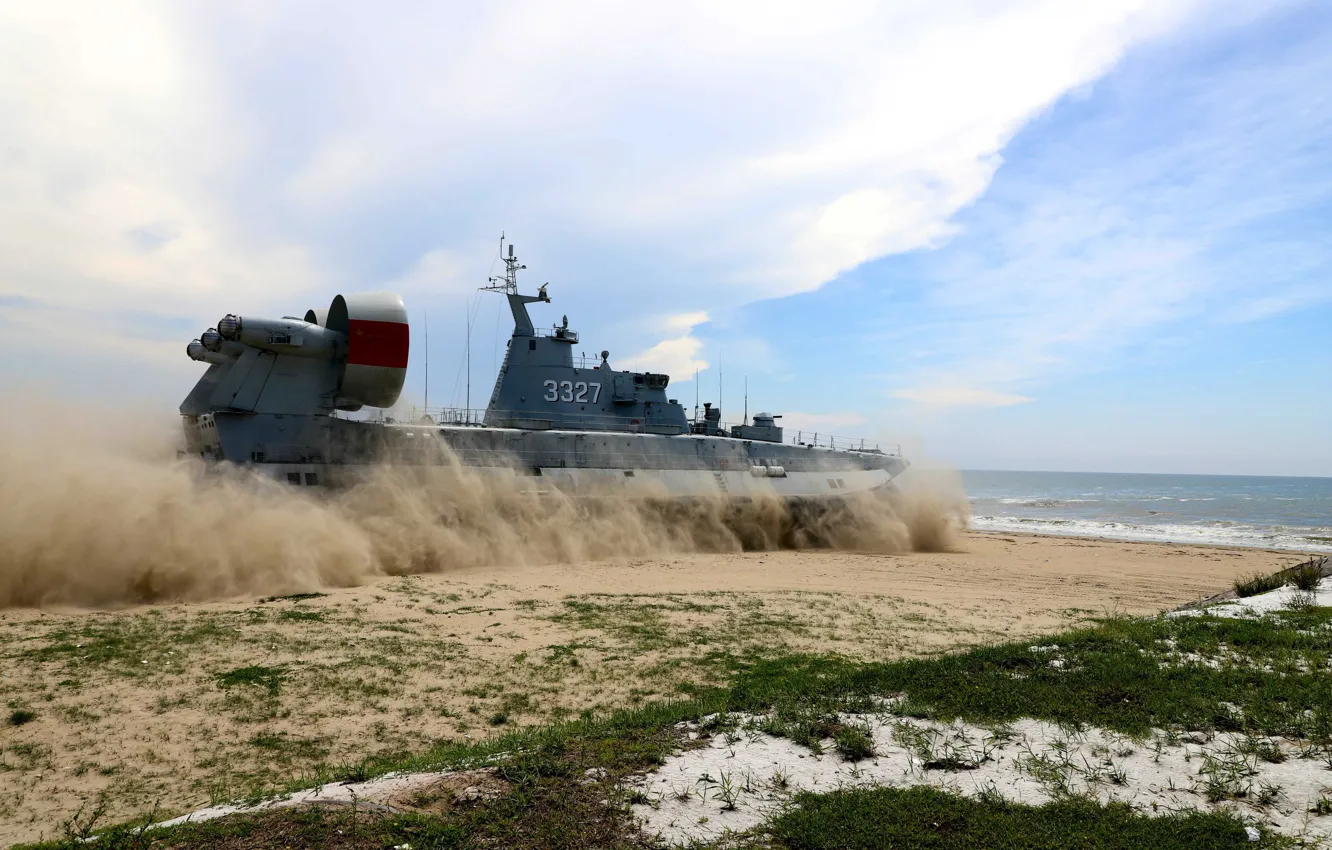 Photo wallpaper Beach, Dust, Small landing craft air cushion, THE CHINESE NAVY, MDKVP "bison", Project 958 "Bison", …