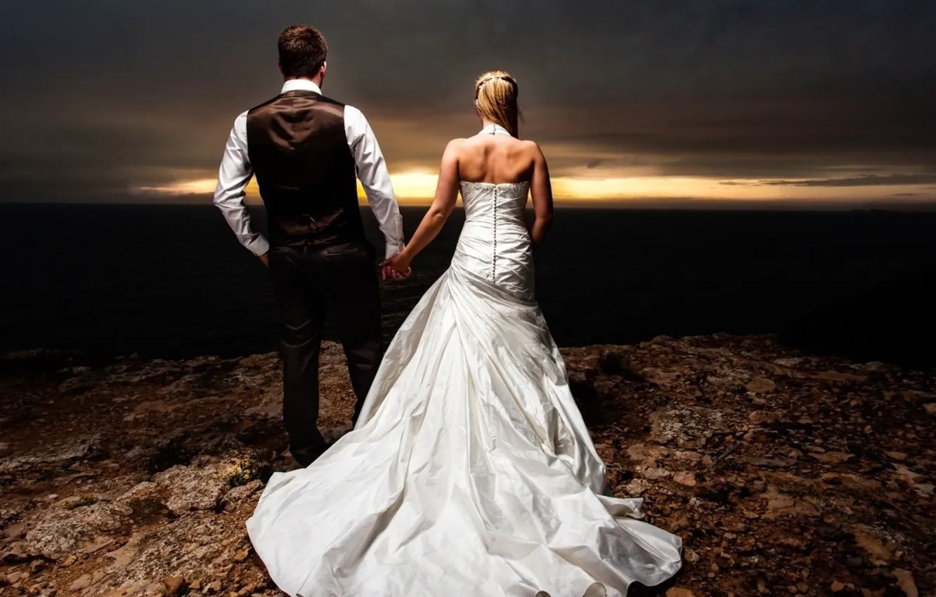 Photo wallpaper sunset, the bride, the groom