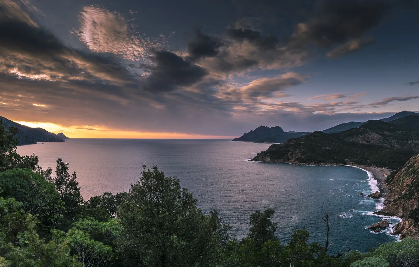 Photo wallpaper sea, coast, sunset, mountain, Corsica