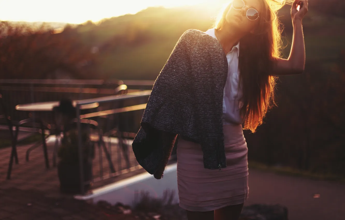 Photo wallpaper girl, hair, skirt, glasses