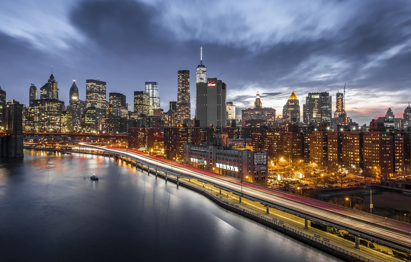 Photo wallpaper city, river, skyline, New-York, Ligth, Nigth, Scape